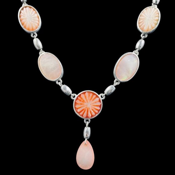 Monet Vintage Necklace Pink Orange Carved Glass Teardrop Pendant Statement - Picture 2 of 7